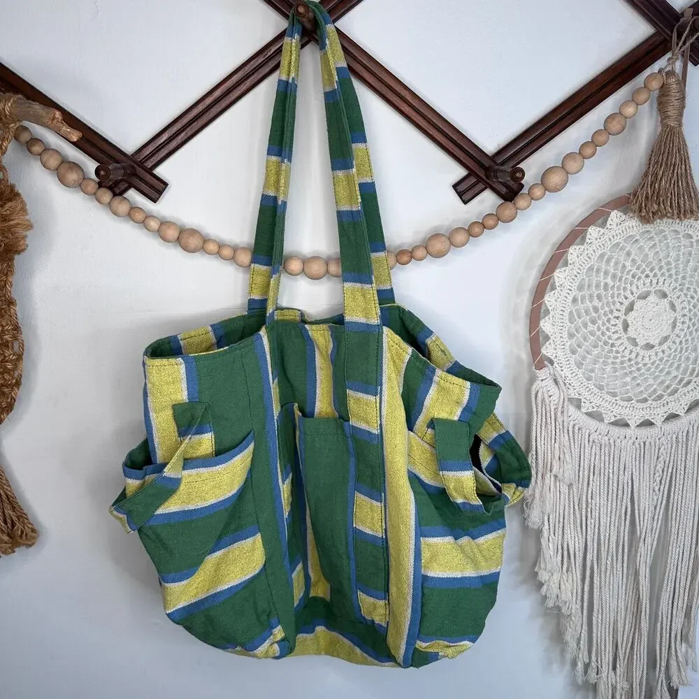 Free People Oksana Oversized Green Yellow Blue Stripe Tote Bag